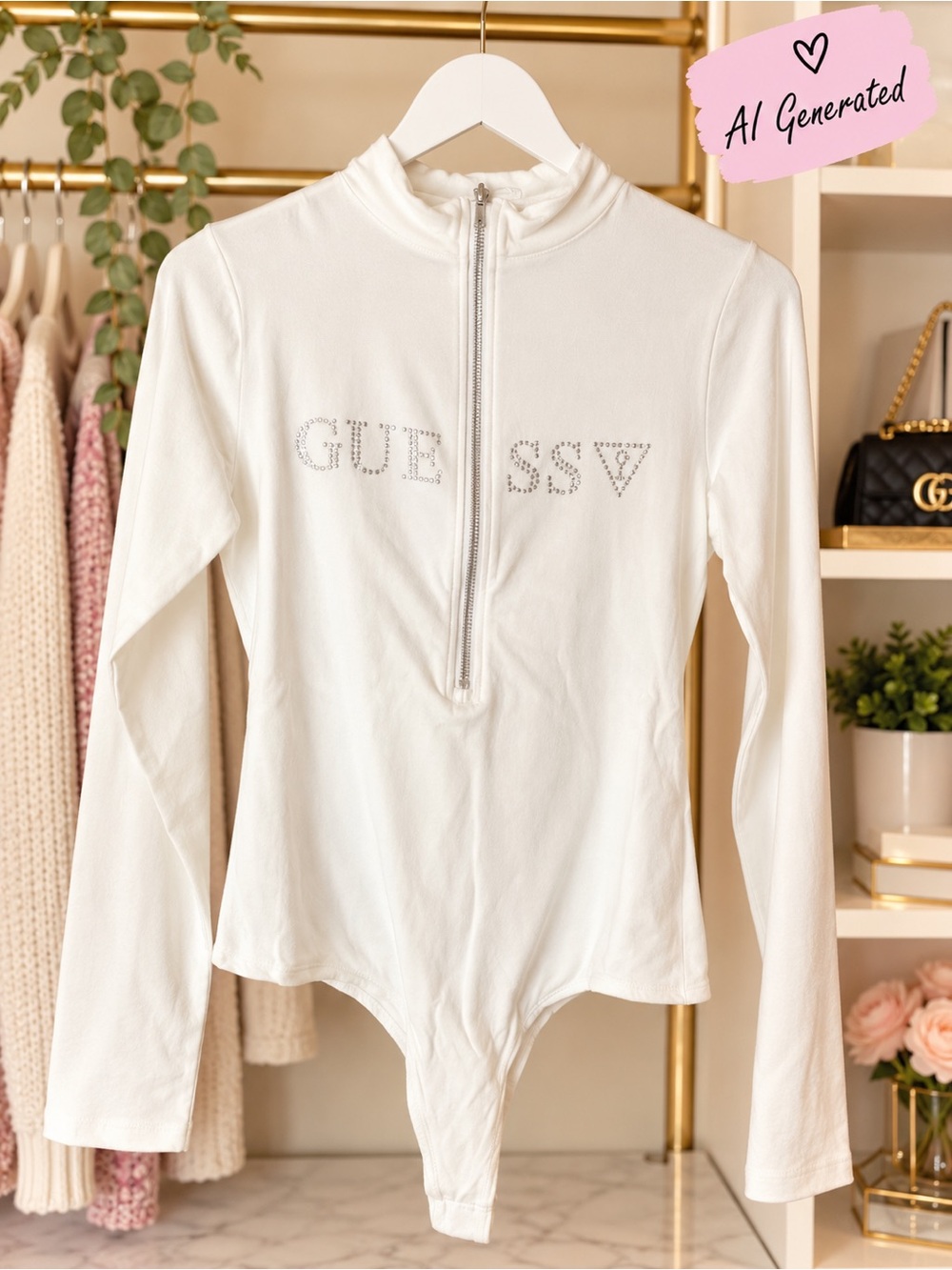 GUESS White Long-Sleeve Zip Bodysuit with Rhinestone Logo